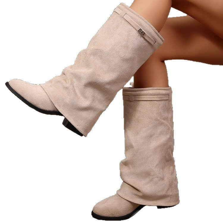 export women's boots pointed toe large tube straight metal buckle medium long boots plus size thick heel pants boots women's boots