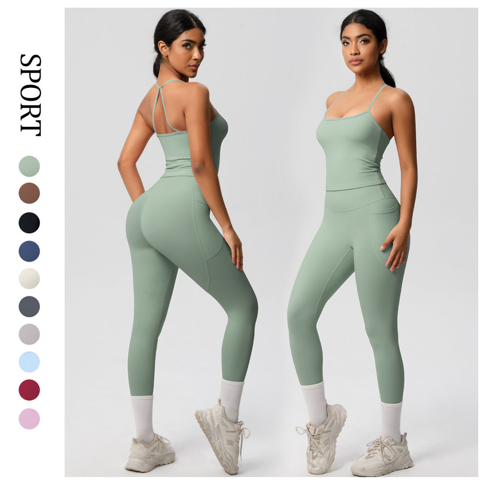 New arrivalpure color sling beautiful back yoga clothes hip pocket tights sports suit cloud-like quick-drying fitness clothes for women