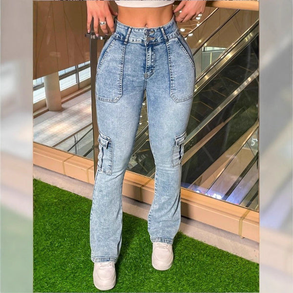 ATC50280 #European and American   Women's Multi-Tooling Pocket Straight Pants Jeans