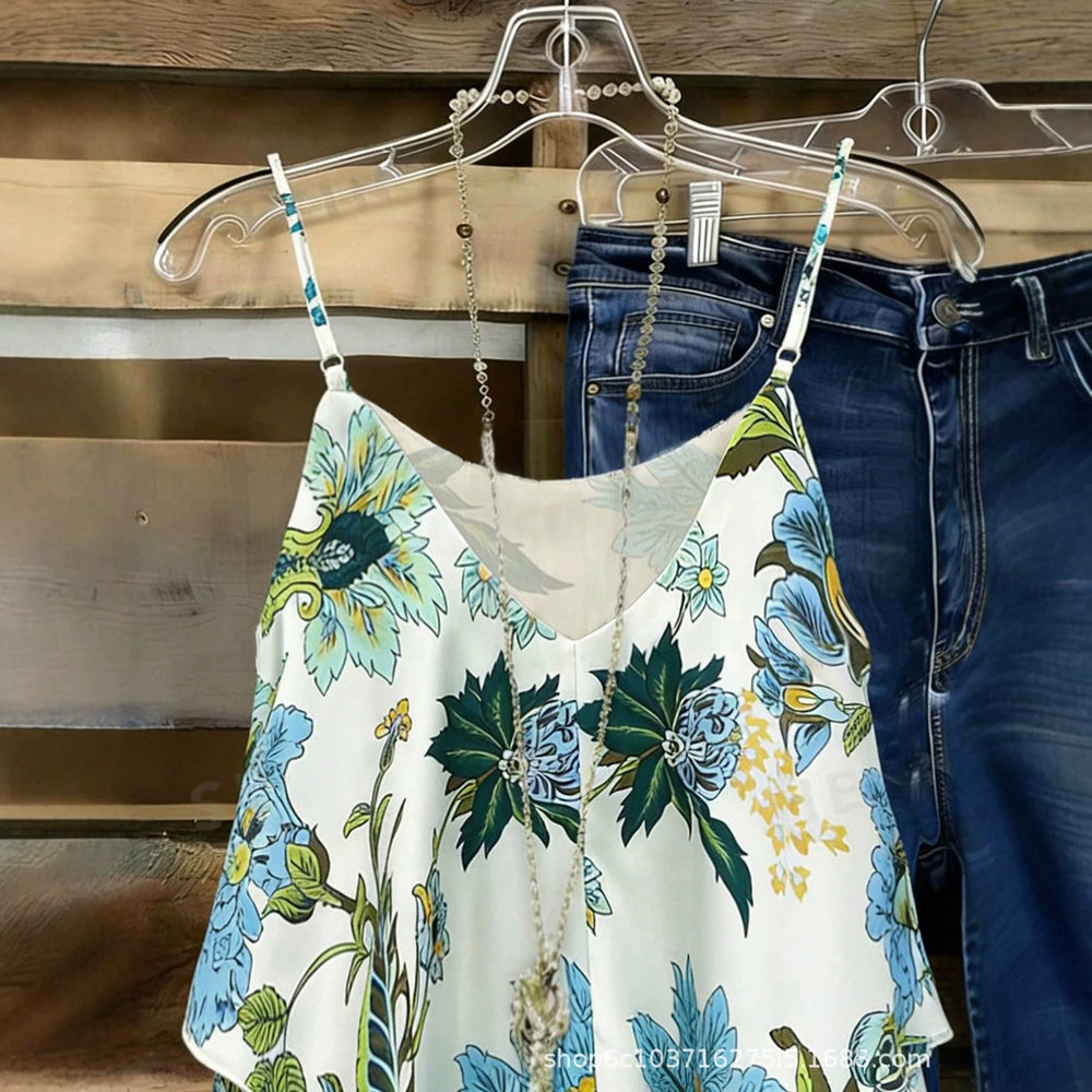 fashion  summer new arrival fresh floral print camisole loosev neck holiday style