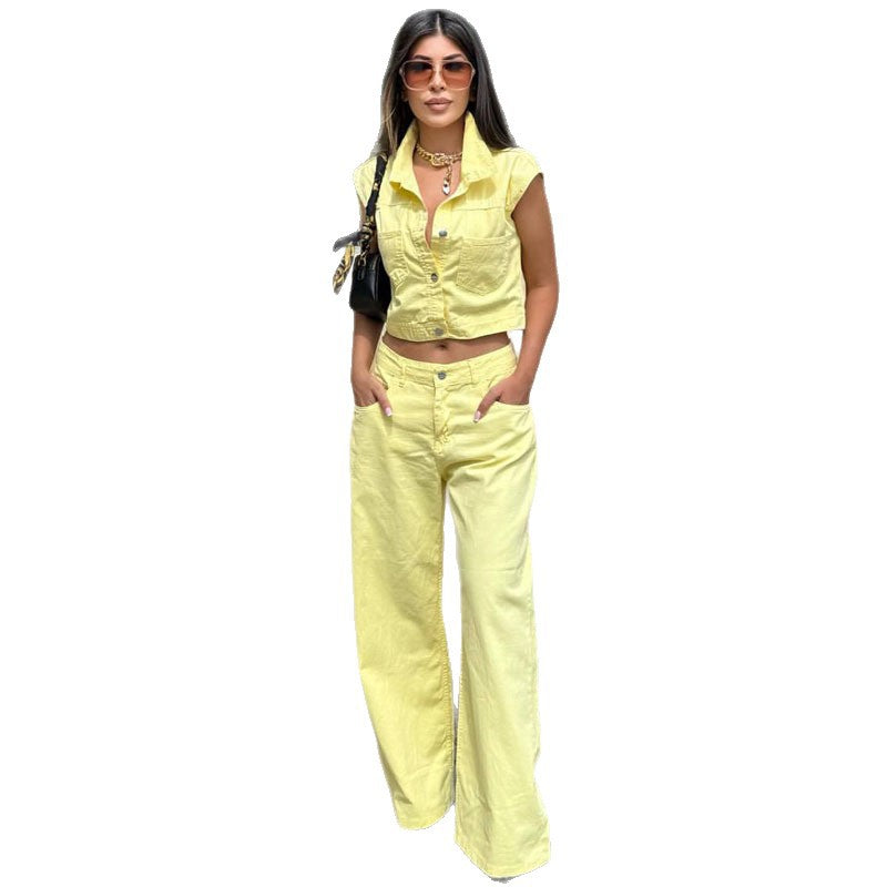 Cross-border European and American new sleeveless lapel cardigan shirt trousers set women's  women's clothing casual foreign style two-piece set