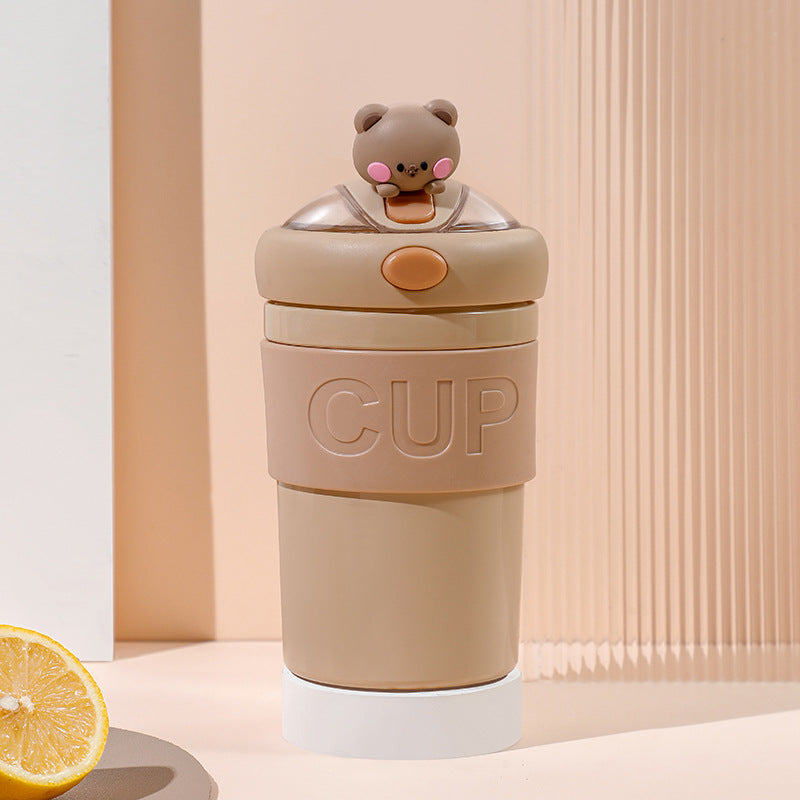 Portable, stylish water bottle - trendy glass straw cup with cute cartoon design, perfect as a souvenir or gift, includes lid