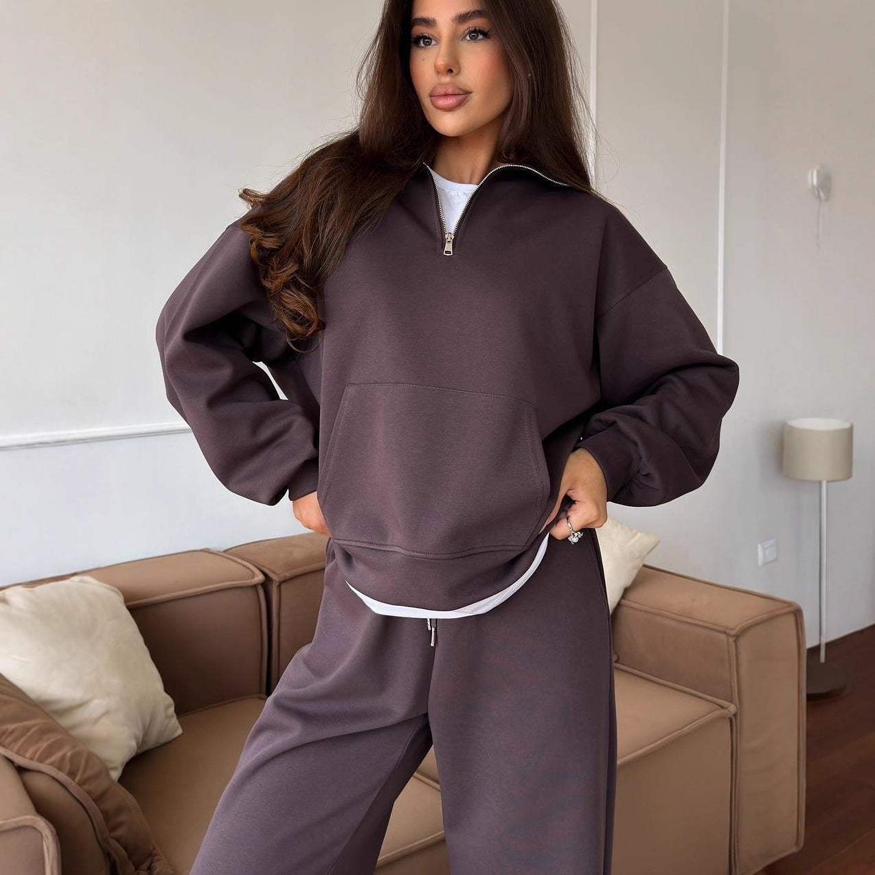 European and American  leisure women's cotton-containing set zipper lapel pullover sweater strap straight wide-leg pants two-piece set
