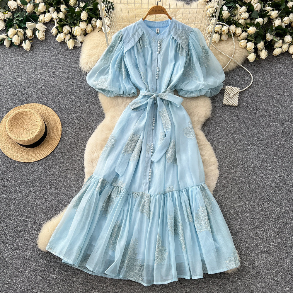 French romantic embroidered sequin puff sleeve dress - women's summer tie-waist slimming a-line elegant maxi dress