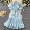 French romantic embroidered sequin puff sleeve dress - women's summer tie-waist slimming a-line elegant maxi dress