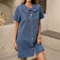 Fashion cross-border export  new arrival single-breasted tie back waist washed casualslimming look denim dress for women