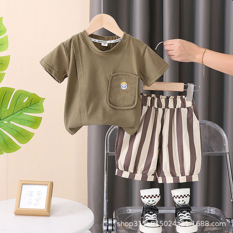 Round neck short sleeve  kids suit summer clothes stripes two-piece set children's clothes baby trendy factory wholesale a