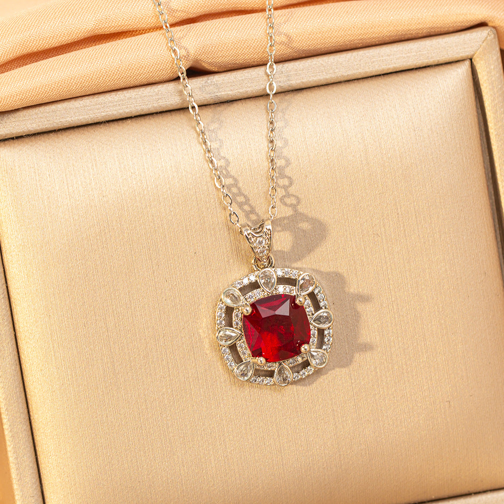 【titanium steel】copper inlaid zircon light luxury new style ruby necklace women's high-end fashion versatile elegant sweater chain jewelry