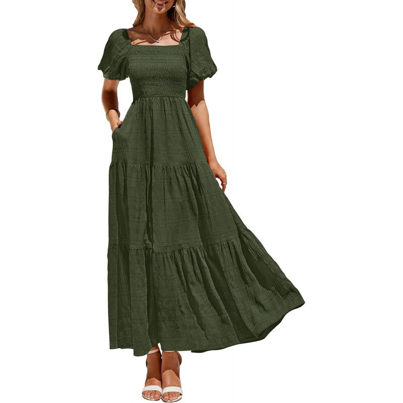 Amazon fashion short-sleeved square neck pleated dresssummernew arrivala-line elegant beach skirt