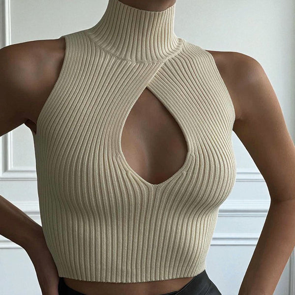 2025 New European and American Sexy Chest Bottom Vest Design Sense Sleeveless Top Women's High Neck Ribbed Knitted Sweater