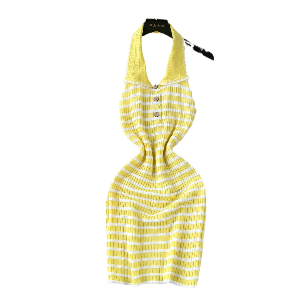 Pure desire sexyhalter sleeveless dress women's summer thin stretch tight stripesknitting backless skirt