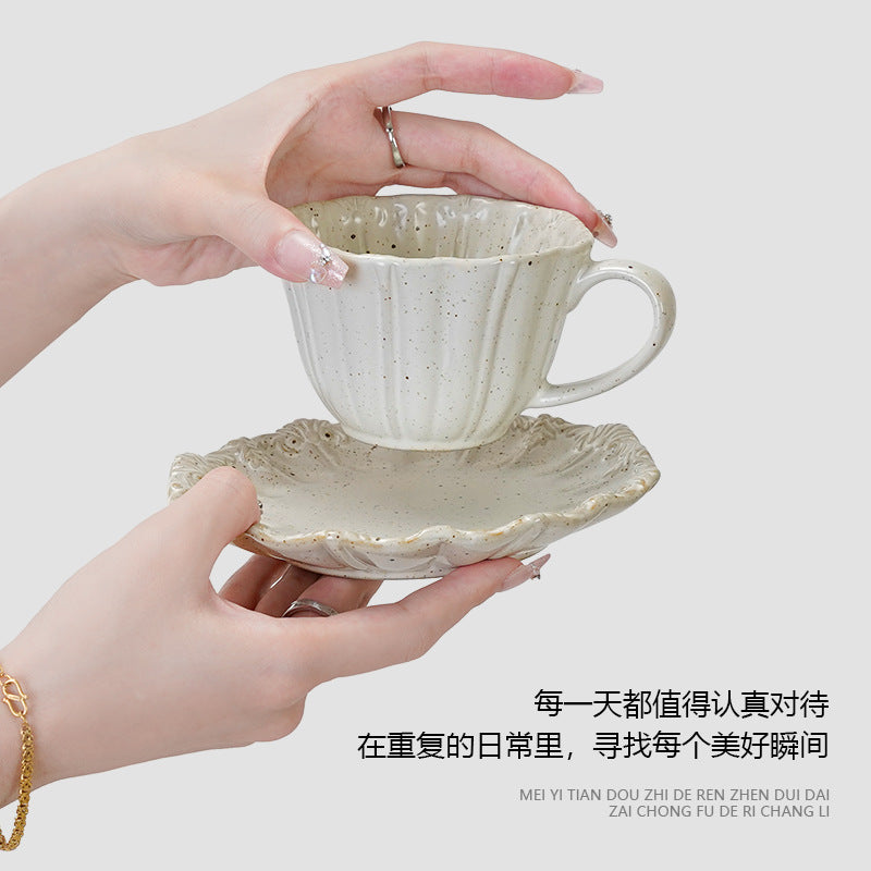 Vintage gilt ceramic embossed cup and saucer set - unique, high-style milk, coffee, afternoon tea, and water cups