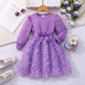 Girls' dress for toddlers and young children, solid color 3d floral pearl long sleeve dress