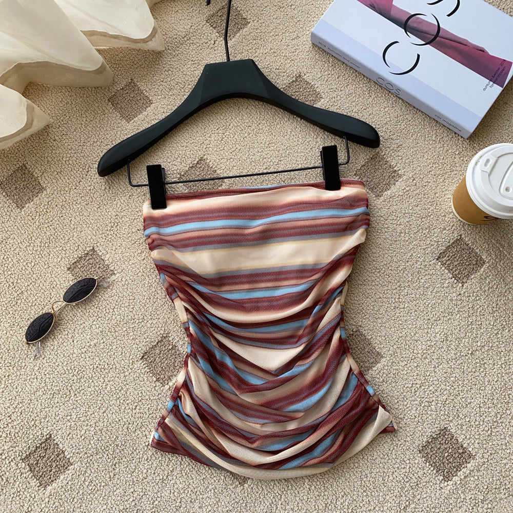 Sexystripeswork clothing style tube top women's summer pleated waist slim slimming lookshorttopshot girl style