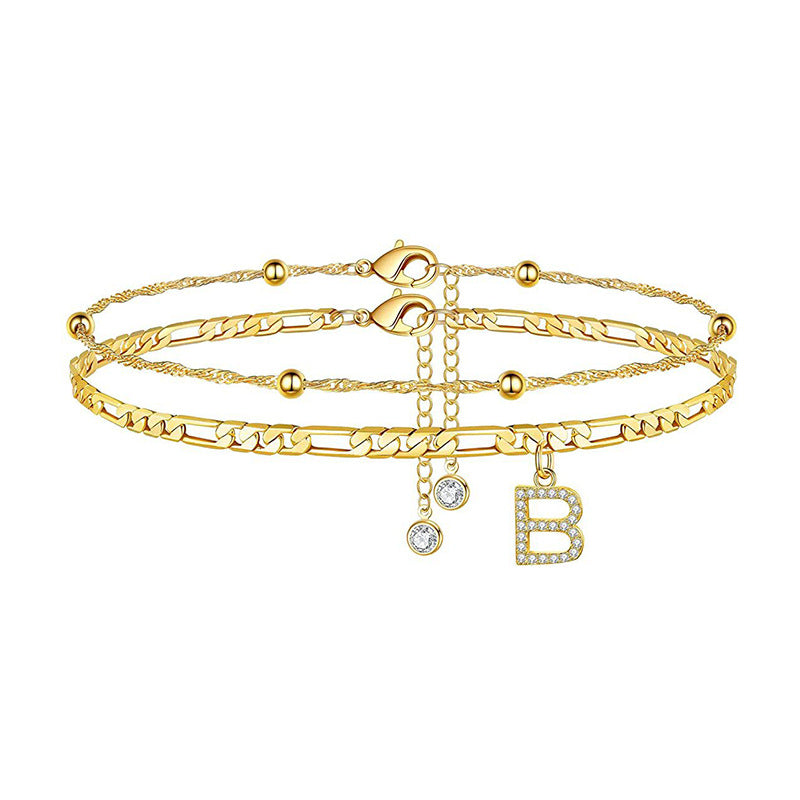 export hot-selling 26-letter anklet, zircon letter anklet, minimalist fashion seed bead cuban double-layer anklet