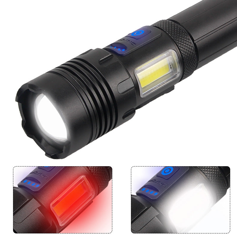 Cross-border XHP70 strong light USB charging COB red light side light telescopic zoom output mobile phone charging P90 flashlight