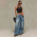 Fashionjeans women's diagonal placket deconstructed patchwork wide-leg pants exportniche stylesense of designloose denim women's pants