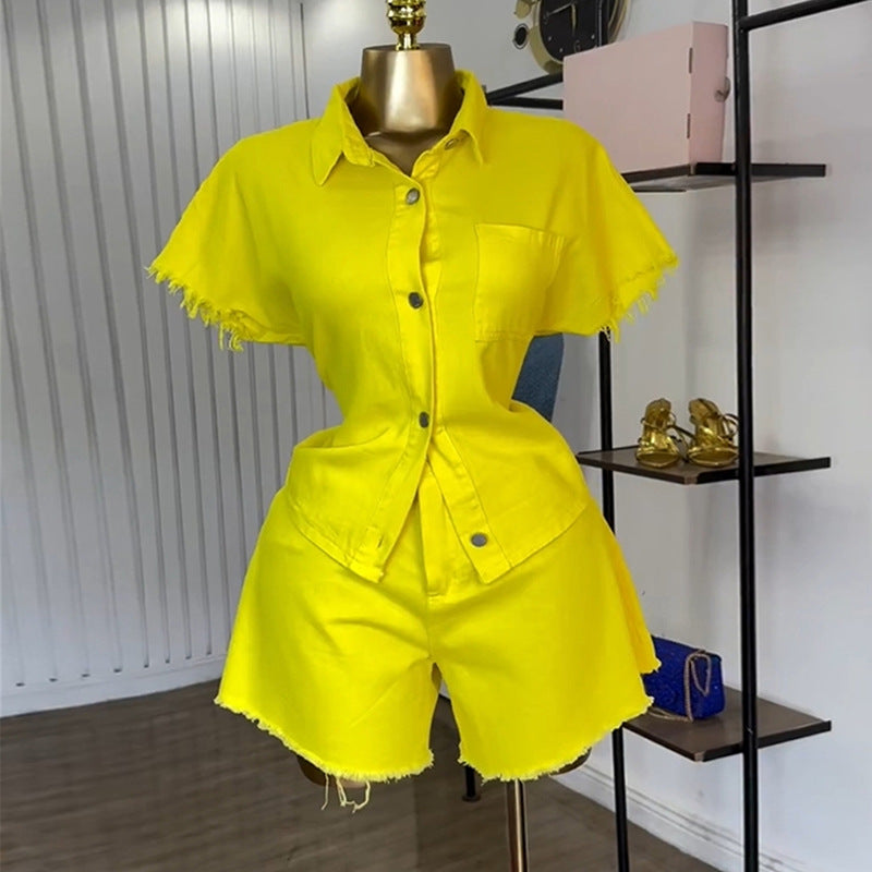 Fashion cross-border women's clothing  summer new arrivalfashion lapel short sleeve denim tops loose raw edge shortssuit