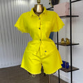 Fashion cross-border women's clothing  summer new arrivalfashion lapel short sleeve denim tops loose raw edge shortssuit