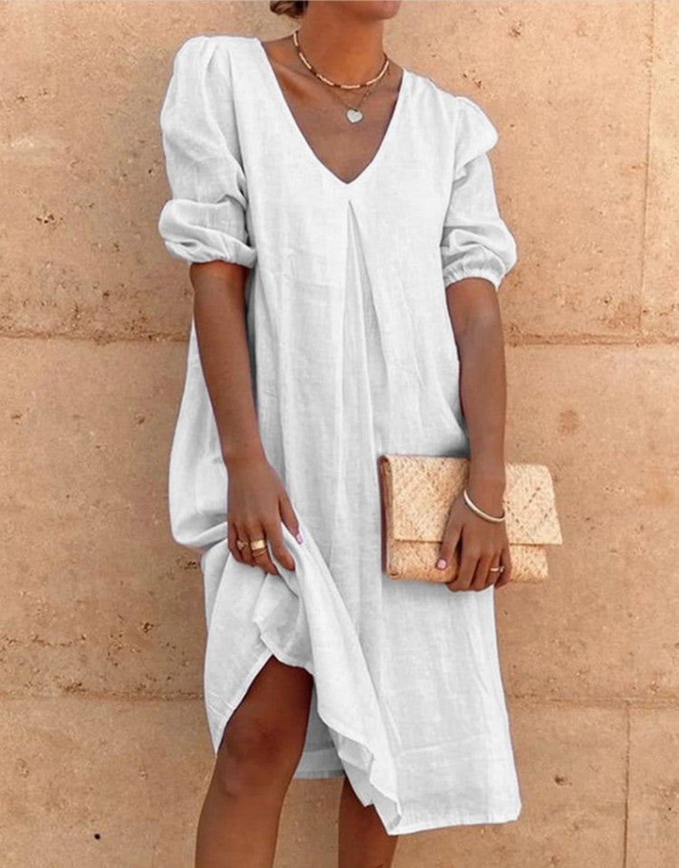european and american cross-border   cotton linen solid color fashion mid-length long sleeve casual midi dress