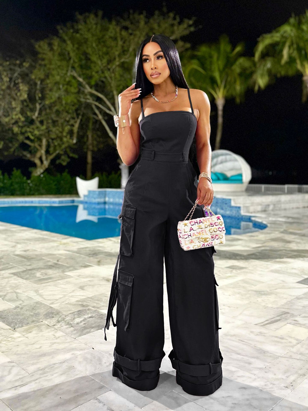 european and american new arrival cross-border women's sexy bandeau multi-pocket cargo jumpsuit wide leg romper
