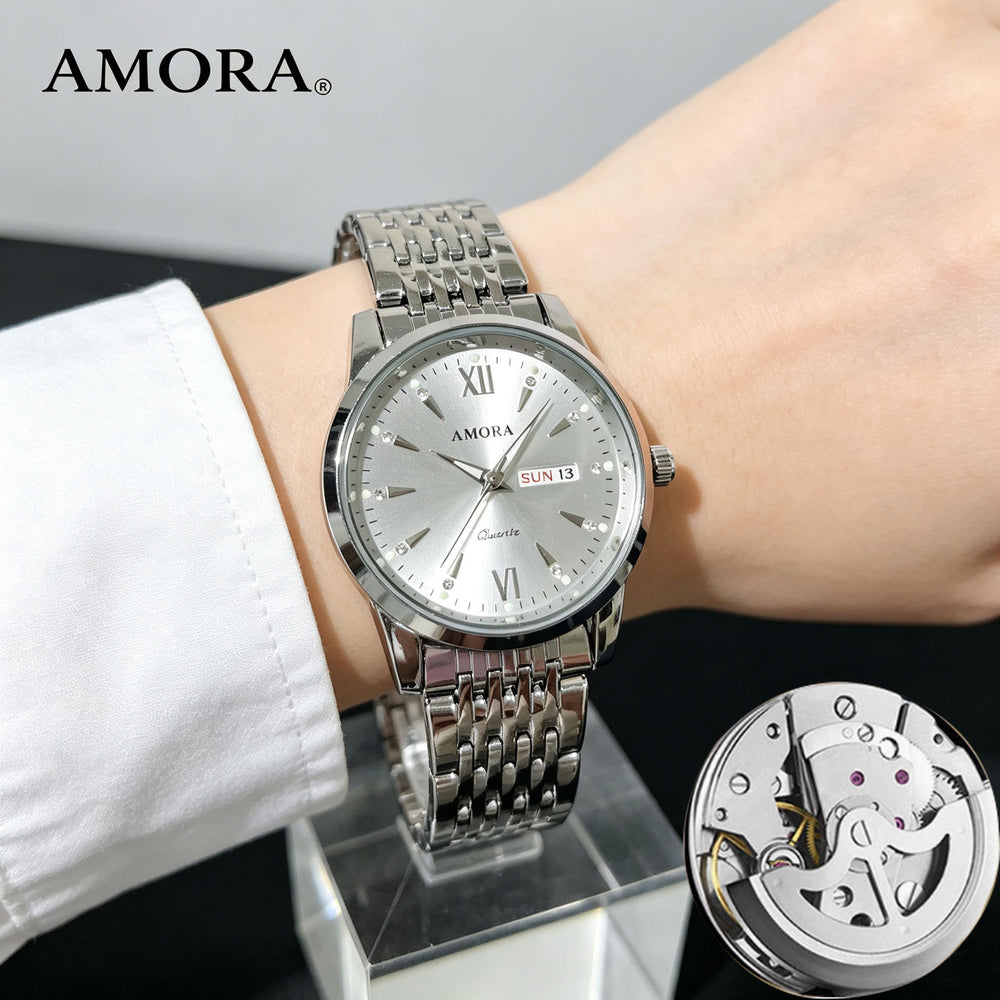 men's watch - hollow-out, waterproof, trendy luminous, dual calendar, stainless steel band quartz watch - business style for men