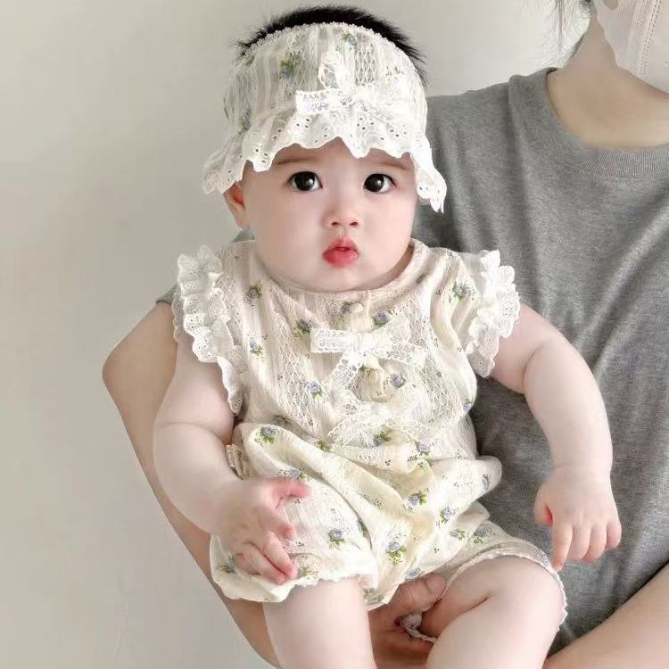 Summer lightweight lace romper baby bodysuit - sleeveless floral print lace outfit for baby girls