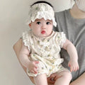 Summer lightweight lace romper baby bodysuit - sleeveless floral print lace outfit for baby girls