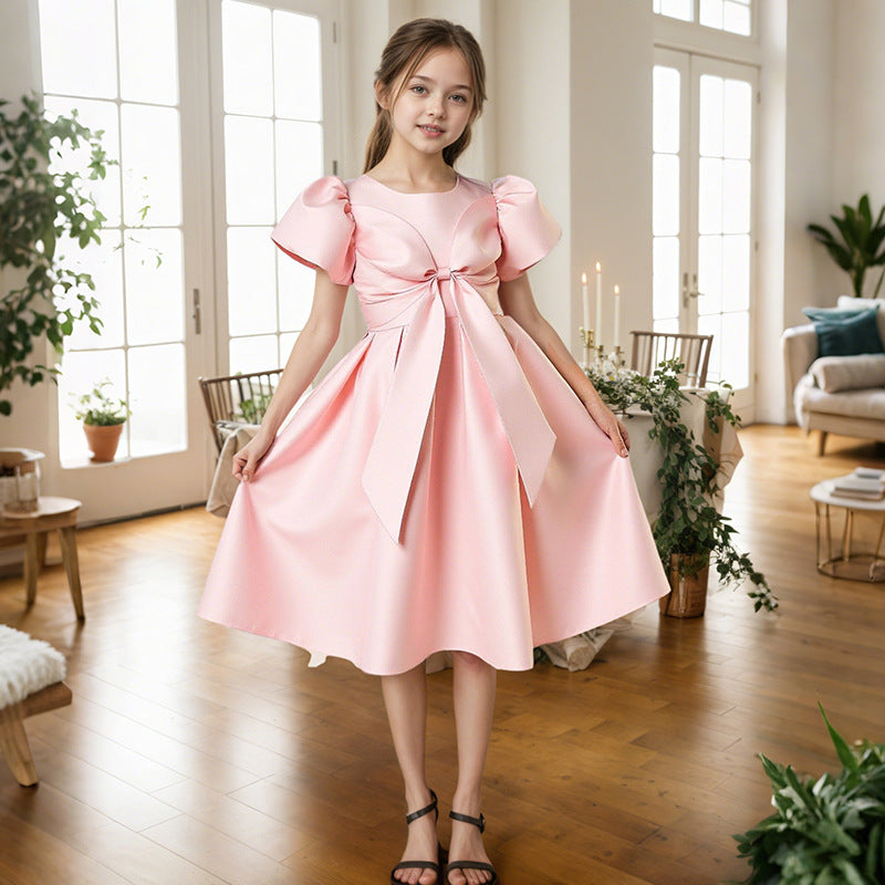 Ready-to-ship, hot-selling girls' luxury satin dress – a unique and fashionable princess gown with a sweet and elegant style, perfect for birthdays and first birthdays
