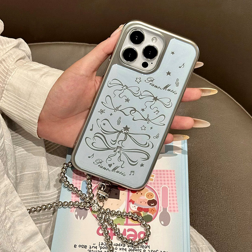 Joyful notes electroplated phone case for iphone 16 pro max, apple 15 epoxy protective cover, 14 bowknot design