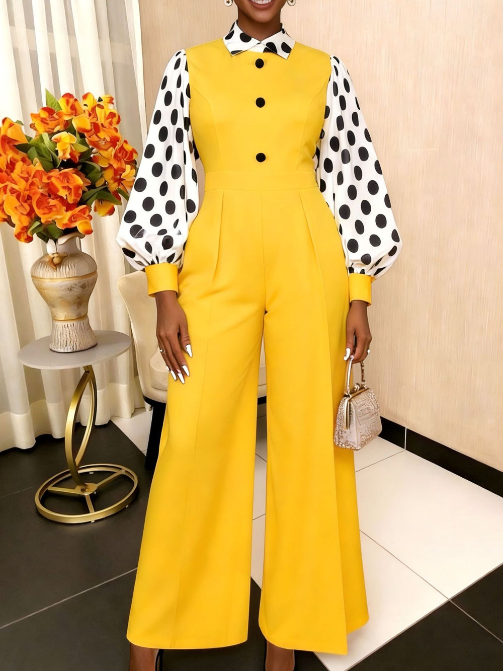 fashion suit lapel jumpsuit silm buttoned polka dot lantern sleeve jumpsuit jumpsuits