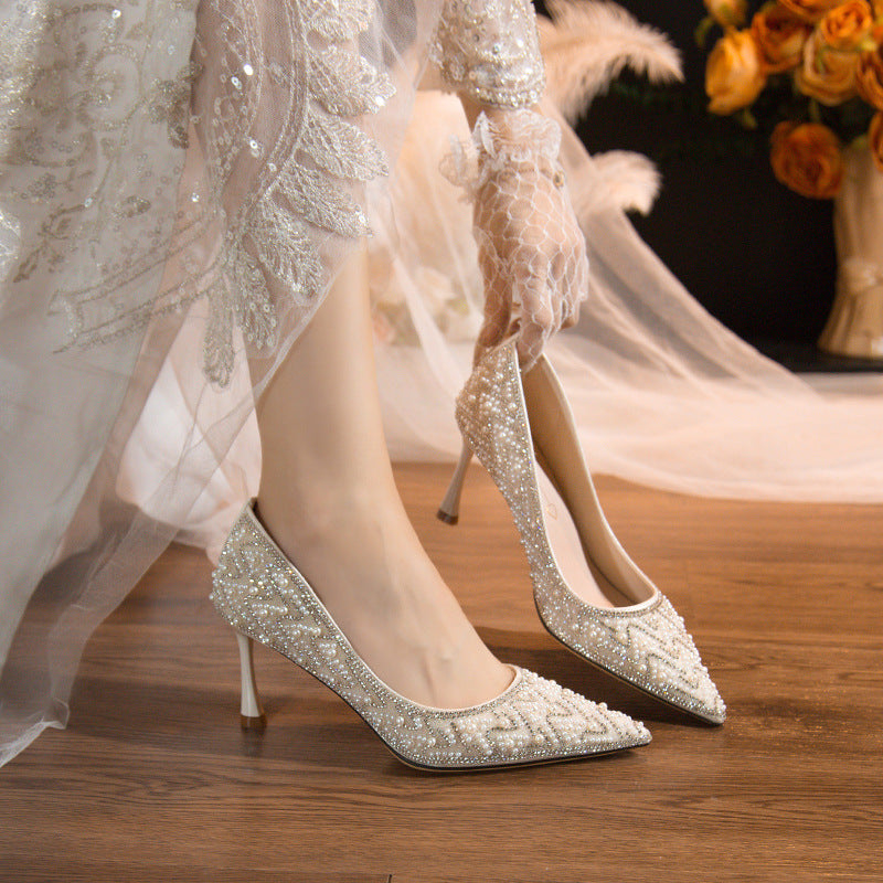 Elegant pointed-toe high heels: new spring/autumn 2024 collection - women's rhinestone & pearl studded stiletto heels, perfect for banquets and weddings