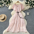 French chic yellow a-line dress - short sleeve, tie-waist, flowy maxi dress for women