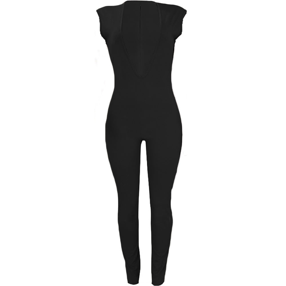European and american cross-border women's fashion: -style sexy slim-fit deep v sleeveless wide shoulder solid color ribbed bodysuit