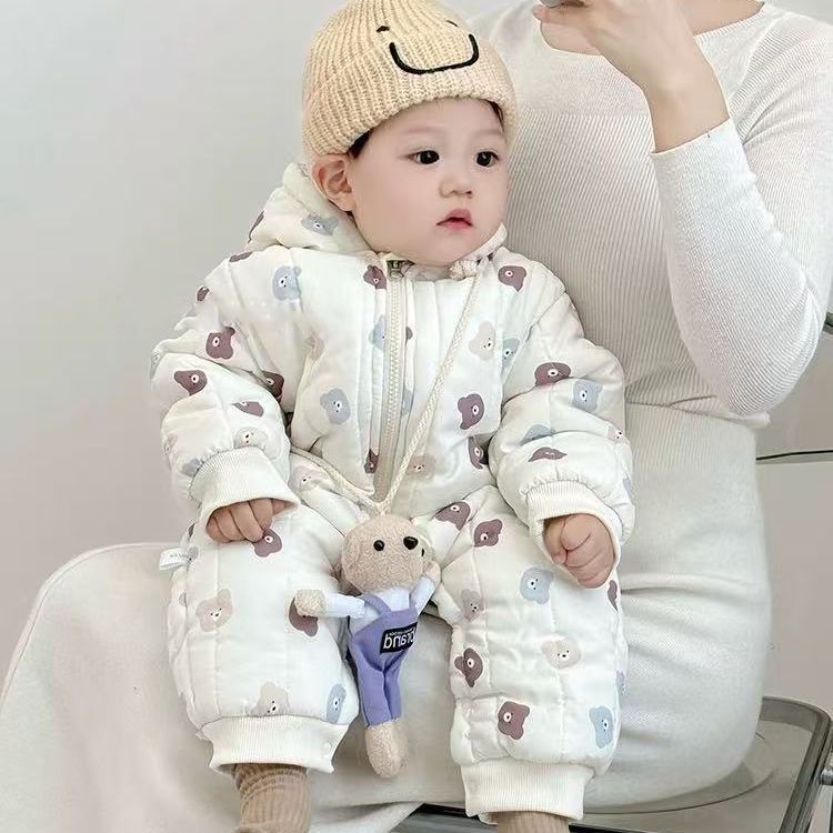 Newborn baby 100-day celebration bodysuit, infant winter clothes, thickened fleece-lined outfit, cartoon full month celebration winter wear