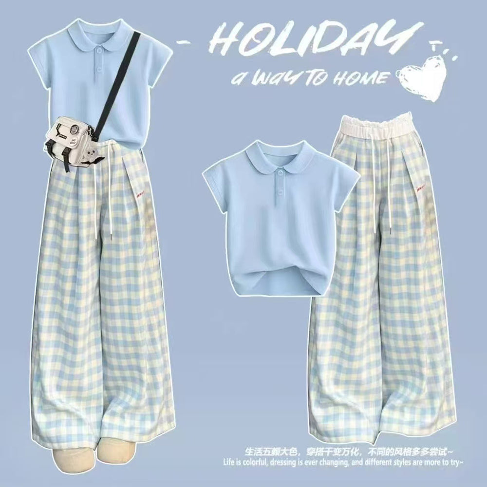 Wide-leg pants  girls summer student contrast colorplaidcasual pants girl new arrivalloose dopamine children's clothing