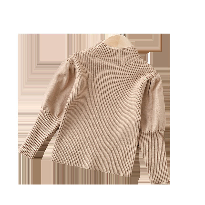 Women's kidssweaterwinterhigh collar puff sleeve bottom shirtpure colorsweatercasualeasiest for matchtops