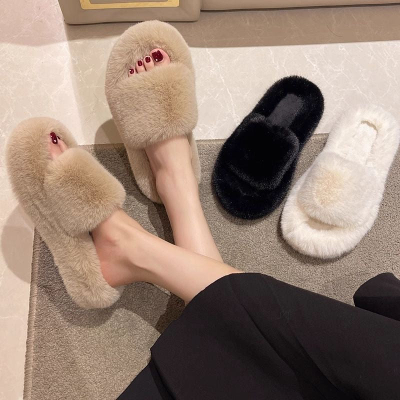 Fairy style furry slippers for women outwearnew arrivalfall and winterpopularfashioneasiest for matchplaid home casual one-line cotton slippers