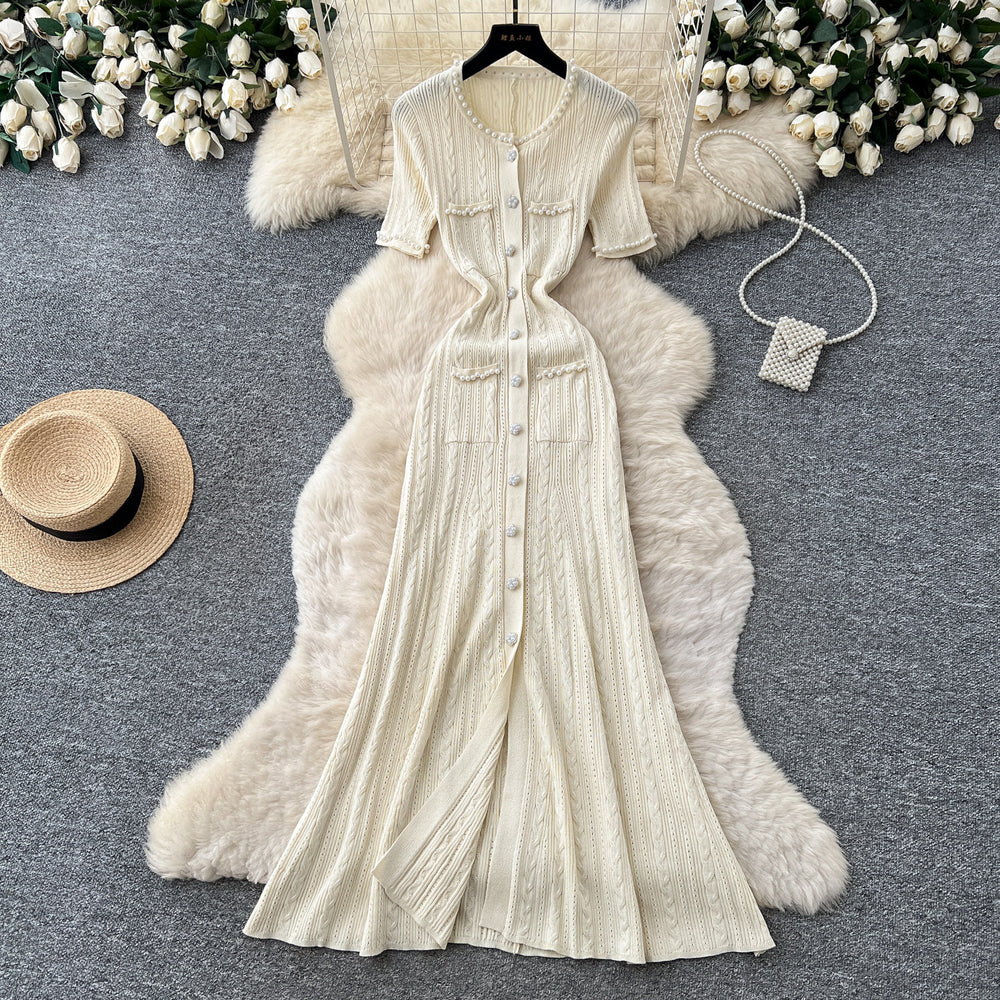 French chic single-breasted knit dress - women's summer short sleeve cutout slim fit elegant maxi dress