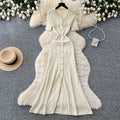 French chic single-breasted knit dress - women's summer short sleeve cutout slim fit elegant maxi dress