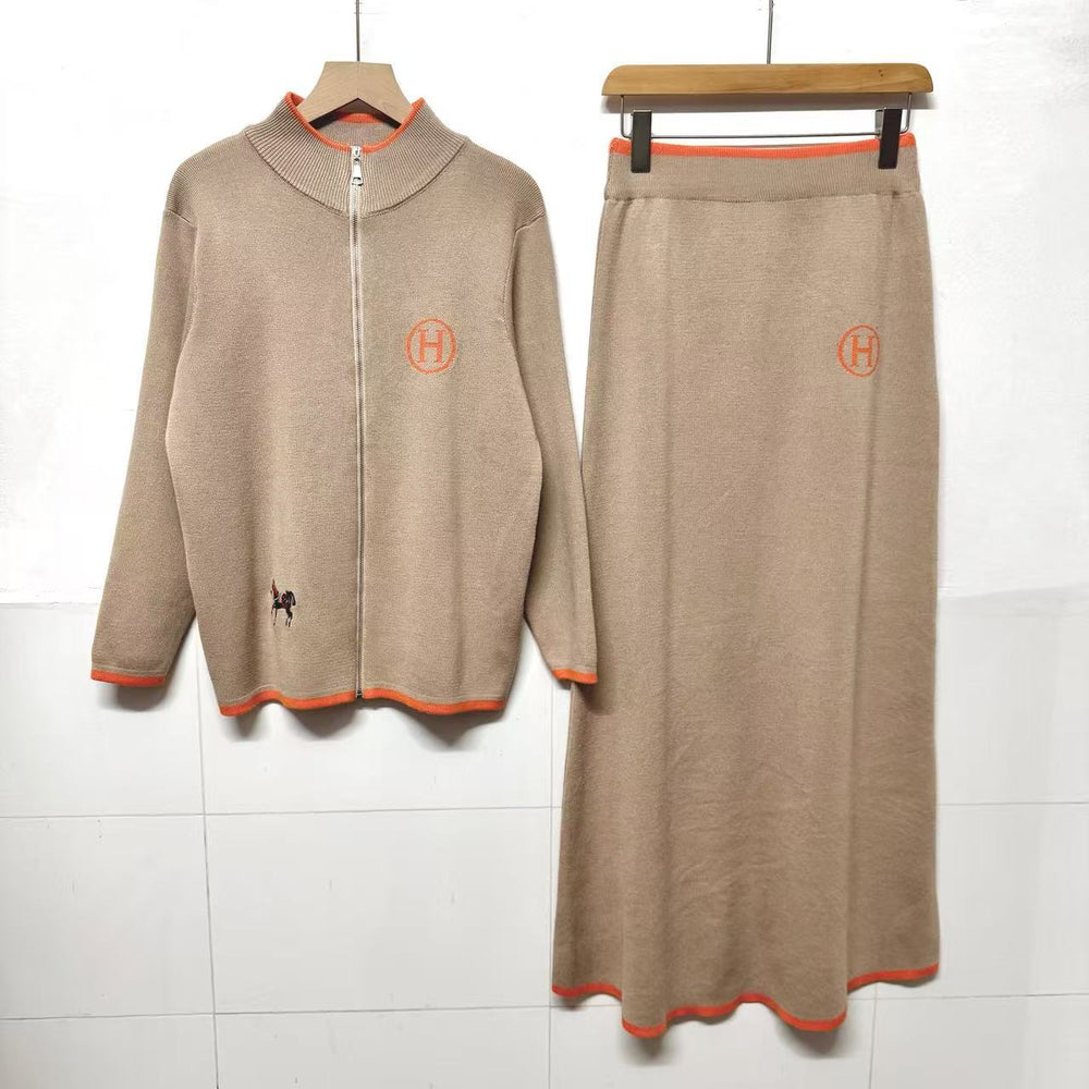 fashion new product creative horse embroiderycontrast colorlong sleeves woolen outwear+casualknitting midi skirttwo-piece set