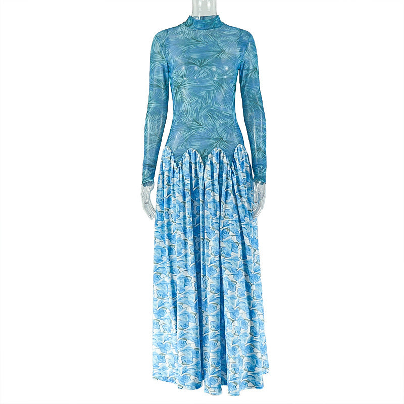 European and american style ins cross-border printing patchwork women's clothing slightly see-through fresh a-line skirt high collar elastic silm long sleevesdress