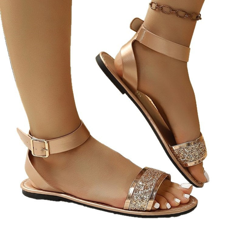 plus size women's sandals - new spring/summer  collection - european & american style rhinestone embellished flat slide sandals with buckle strap