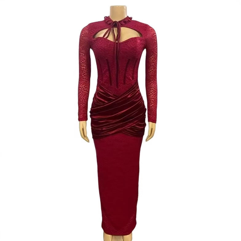 European and American new semi-turtleneck lace-up splicing low-cut sexy hip-wrapped long-sleeved dress evening dress