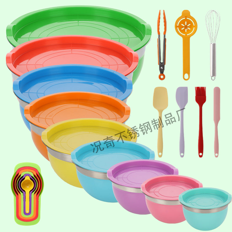 Stainless steel deep salad bowl with color-sprayed lid, round mixing bowl with non-slip silicone base for kitchen use