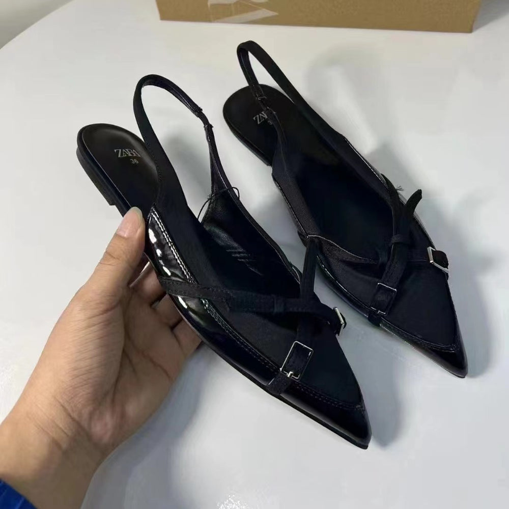 Za 2024 spring/summer new trf women's black patent leather criss-cross buckle flat mary jane pointed-toe mules
