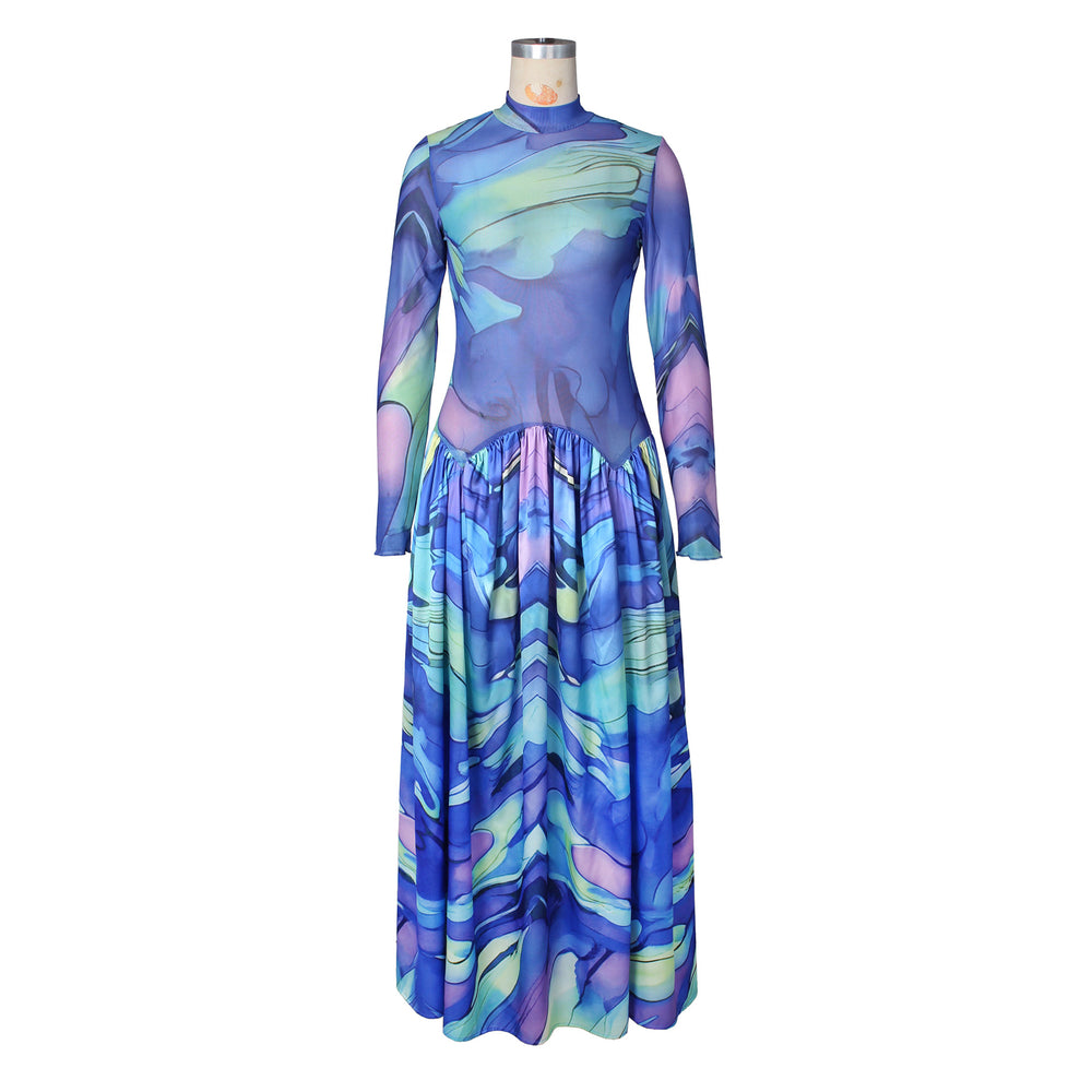 summer new european and american women's sexy mesh print patchwork dress abstract art maxi swing dress gown