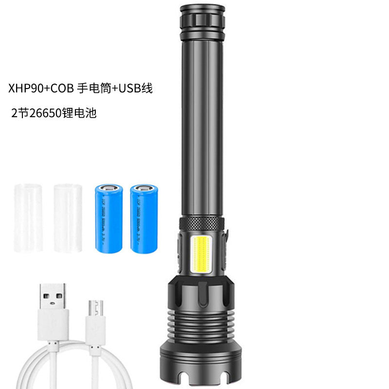 Cross-border new XHP90 + COB strong light flashlight USB charging outdoor zoom side light P160 LED flashlight
