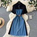 Korean style faux two-piece denim patchwork slit dress - women's summer short sleeve v-neck slimming a-line dress