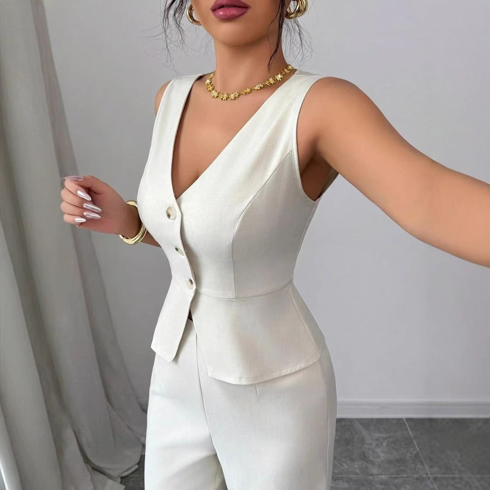 summer new women's solid color sleeveless slim-fit vest and high-waisted casual pants two-piece set - cross-border e-commerce
